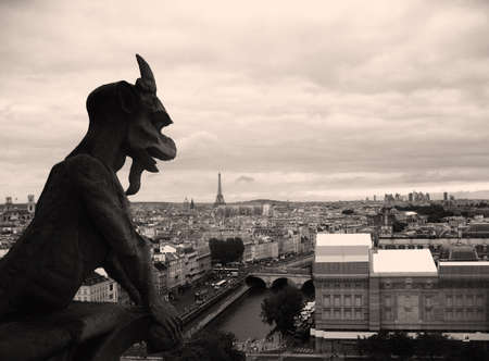 Notre-Dame Gargoyle looking out at the Eiffel Tower
