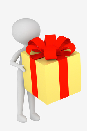 Man holds yellow gift box with red ribbon bow on white background. Big gift.の写真素材