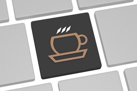 The icon of coffee on the keyboard on white background. Concept of coffee break or businees lunchの写真素材
