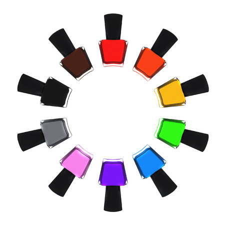 Ten multicolored nailpolishes lay on white backgroundの写真素材