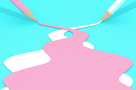 Two pencils and streams of white pink color on blue background abstract 3D illustration copy spaceの写真素材
