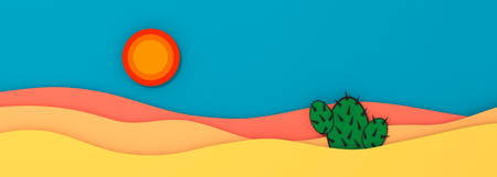 Desert panorama landscape with cactus and sun 3D illustration copy spaceの写真素材
