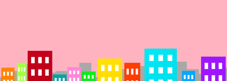 Colorful buildings on pink background cityscape panorama 3D illustration copy spaceの写真素材