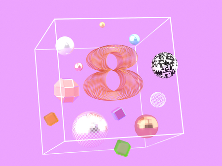 Number eight and geometric forms of different materials on violet background 3D illustration. Concept of international woman day or 8th birthdayの写真素材