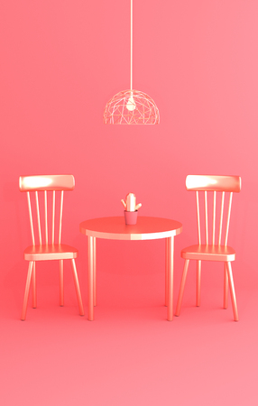 Golden table with cactus, two chairs and stylish chandelier trendy interior on pink background 3D illustrationの写真素材