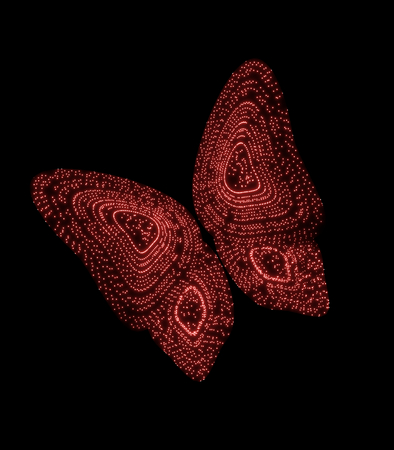 Glowing red butterfly with wings of particles on black background 3D illustrationの写真素材