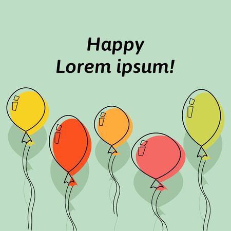 Five colorful hand-drawn party balloons on light green background. Vector template greeting card for birthday in minimal styleのイラスト素材