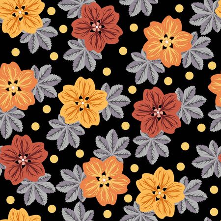 Seamless pattern with flowers and leaves on black background. Textile design vector illustrationのイラスト素材