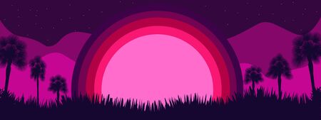 Retro violet banner with palm trees, mountains and sunset. Vector illustration with copy spaceのイラスト素材