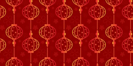 Chinese lanterns with small flowers on red background vector illustration seamless pattern. Traditional symbol of asian new year. Vivid festive wallpaperのイラスト素材
