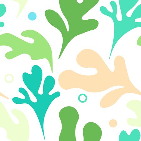 Seamless pattern with seaweed and bubbles on white background. Vintage vector design for clothes and wallpaperのイラスト素材