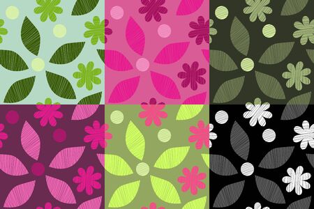 Colorful spring set with flowers and leaves on various background. Pink green and monochrome color decisions for wallpaper or clothesのイラスト素材