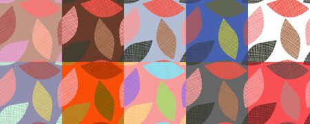 Colorful set of abstract leaves on various backgrounds. Set of seamless patterns. Vector...