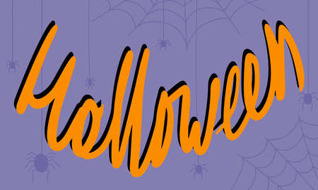 orange halloween inscription on a purple background, handwritten inscription halloween on spider backgroundのイラスト素材