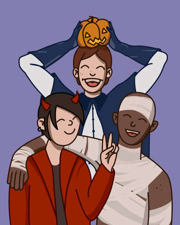 three guys celebrating halloween, joyful young people at a halloween party,のイラスト素材