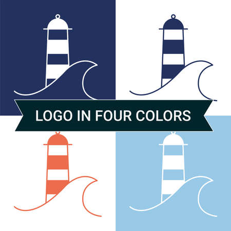 seafood restaurant in four colors, depicts a wave and a lighthouse with a food themeのイラスト素材