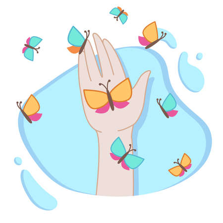 illustration with butterflies sitting on their hands, lots of fluttering butterflies multicoloredのイラスト素材