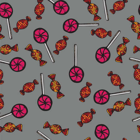 Seamless pattern with hand drawn candies on the gray background. Sweet background. illustrationのイラスト素材