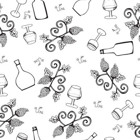 Wine seamless pattern. Bottle and glass with wine on a white background. Garden stuffs and leaves of wine.のイラスト素材