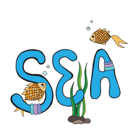 Inscription Sea with gold fish for postcards, design and printing on cloth or t-shirt.のイラスト素材