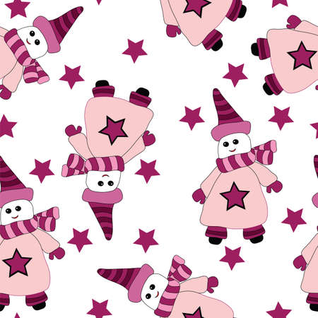 Seamless with cute snow man and star. Vector illustration seamless for banner, card, invitation, textile, fabric, wrapping paper.のイラスト素材