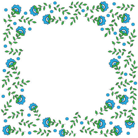 Frame with blue color flower and blue circle. Isolated vector frame with flower on the white background. Can be used to design for T-shirt, greeting card, poster, wedding or party  invitation.のイラスト素材
