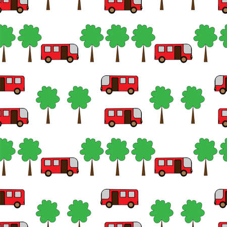 Seamless pattern with tree and bus. Vector illustration seamless for banner, card, invitation, textile, fabric, wrapping paper.のイラスト素材