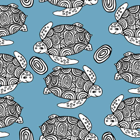 Seamless with black and white sea turtle. Vector illustration seamless for banner, card, invitation, textile, fabric, wrapping paper.のイラスト素材