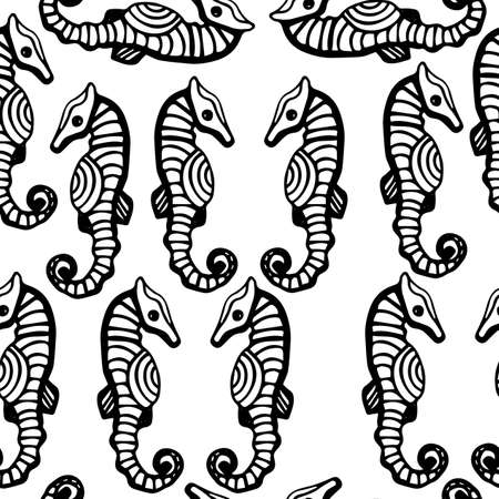 Seamless with black line sea horse. Vector illustration seamless for banner, card, invitation, textile, fabric, wrapping paper.のイラスト素材