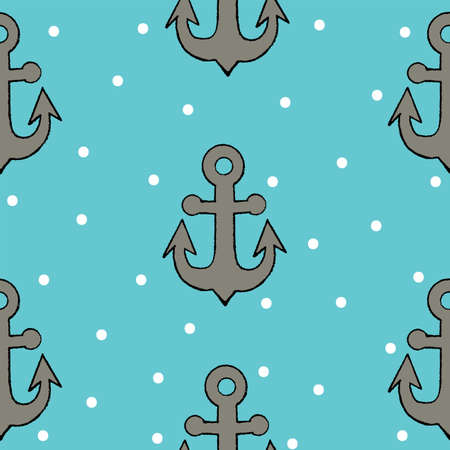 Seamless with anchor in black line style on the blue backgroundのイラスト素材