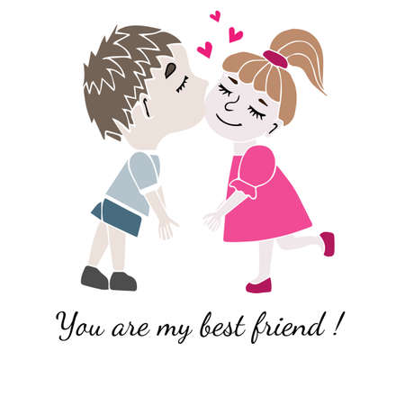 Two best friends boy and girl together with inscription You are my best friend isolated on the white background. Vector illustration about friendship.のイラスト素材