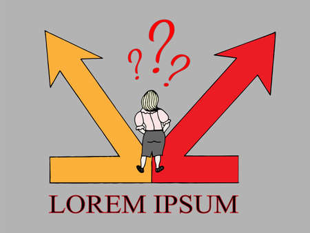 Woman make a choice with two arrows red and orange color with place for text isolated on the gray backgroundのイラスト素材