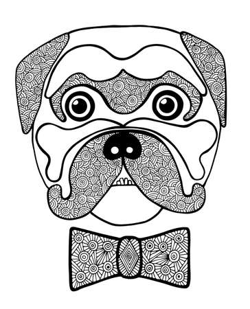 Black line cute dog head with abstract blackly white bow. Hand drawn sketch for adult and children anti stress coloring page, T-shirt, , greeting card. Animal designのイラスト素材