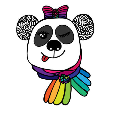 Multicolor head of smile Panda with bow color of rainbow. Sketch for tattoo, poster, print or t-shirt. Relaxing coloring book for adult and older children.のイラスト素材