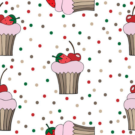 Seamless with different cartoon cupcake. Vector illustration pattern with cake. Can be used for banner, card, invitation, textile, fabric, wrapping paper.のイラスト素材