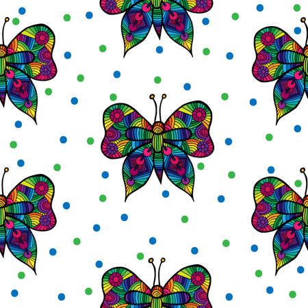 Seamless with multicolor butterfly and blue, green circle on the white backgroundのイラスト素材