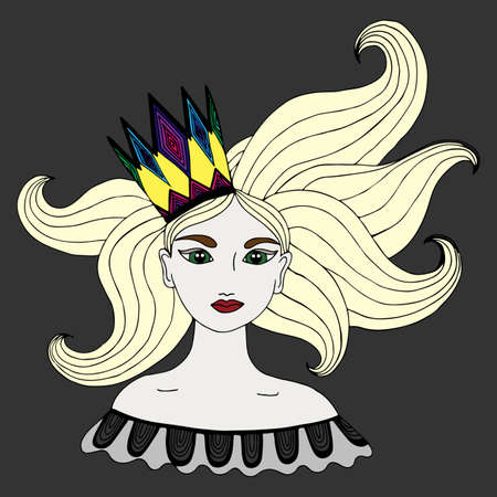 Colorful portrait of girl in a crown with long blond hairs, can be used as a card of beauty shop and other salon. Mono color black line art element for adult coloring book page design.のイラスト素材