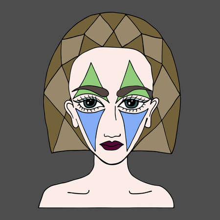 Beautiful girl with abstract makeup on the face, can be used as a card of beauty shop and other salon. Multicolor art element for adult coloring book page design.のイラスト素材