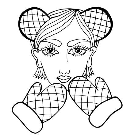 Portrait of beautiful girl with panda bear ears and in mittens. Winter style can be used as a card of beauty shop and other salon. Mono color black line art element for adult coloring book page design.のイラスト素材