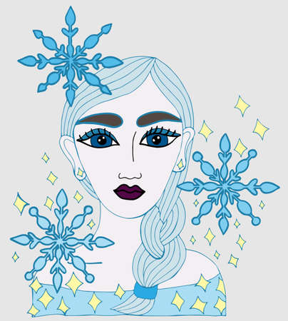 Portrait of girl with snowflakes and spangles in the hair. Winter style can be used as a card of beauty shop and other salon. Colorful element for adult coloring book page design.のイラスト素材