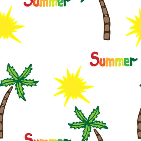 Summer seamless pattern with palm tree bright yellow sun and inscription summer isolated on the white backgroundのイラスト素材