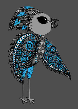 Abstract black line bird on the gray background. Hand drawn doodle stile for t-shirt print in black line style, tattoo design, ornamental animal .のイラスト素材