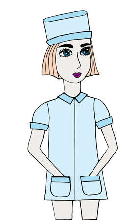 Young beautiful girl with shirt hair in the blue dress. Line art element girl for adult coloring book page design.のイラスト素材