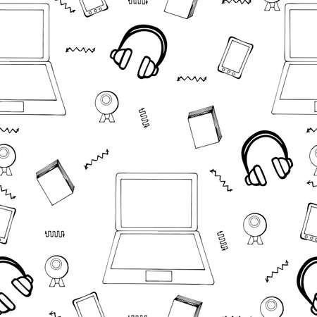 Seamless pattern with hand drawn monitor, book, mobile and web camera on the white backgroundのイラスト素材