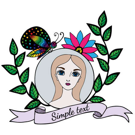 Colorful young beautiful girl with butterfly and ribbon for text. Mono color black line art element for adult coloring book page design.のイラスト素材