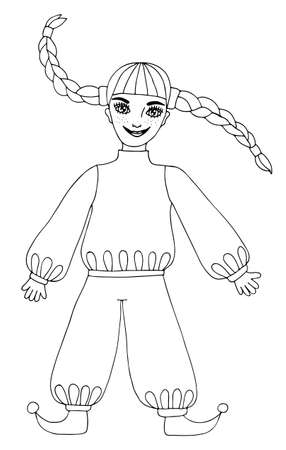 Fun girl with long hair. Mono color black line art element for adult coloring book page design.のイラスト素材