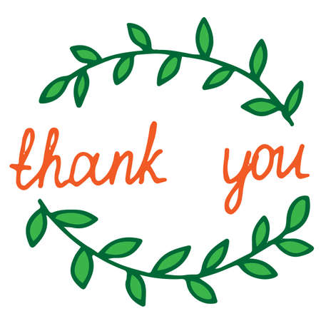 Card Thank you with green leaves. Lettering inscription Thank you for different events, card, invitation, posters, texture backgrounds, placards, banners.のイラスト素材