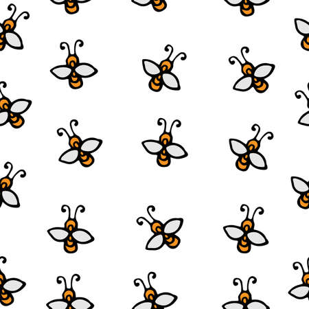 Seamless with drawn bee isolated on the white background. Vector pattern for banner, card, invitation, textile, fabric, wrapping paper.のイラスト素材