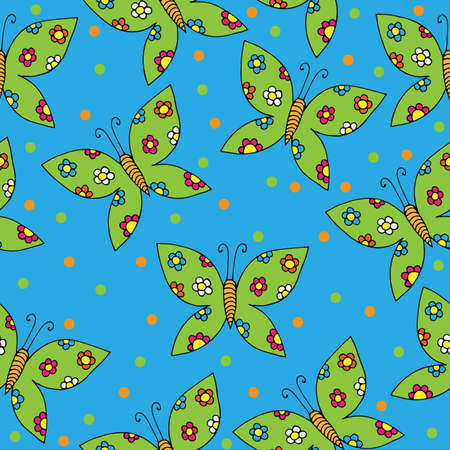 Seamless with drawn butterfly with flower on the blue background. Vector pattern for banner, card, invitation, textile, fabric, wrapping paper.のイラスト素材