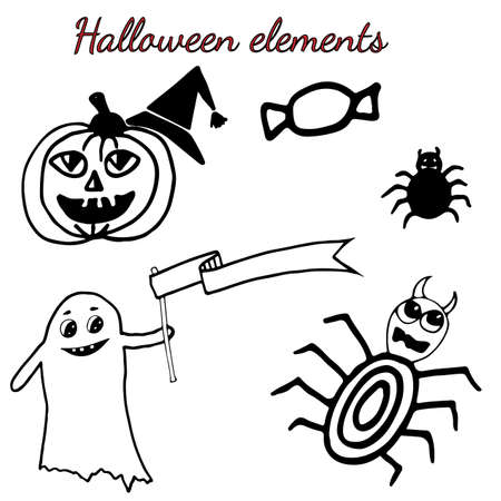 Black line Halloween set with pumpkin, ghost, spider web. For Halloween party, holidays, icon, logo, border, book or page design, child magazine, banner, template.のイラスト素材